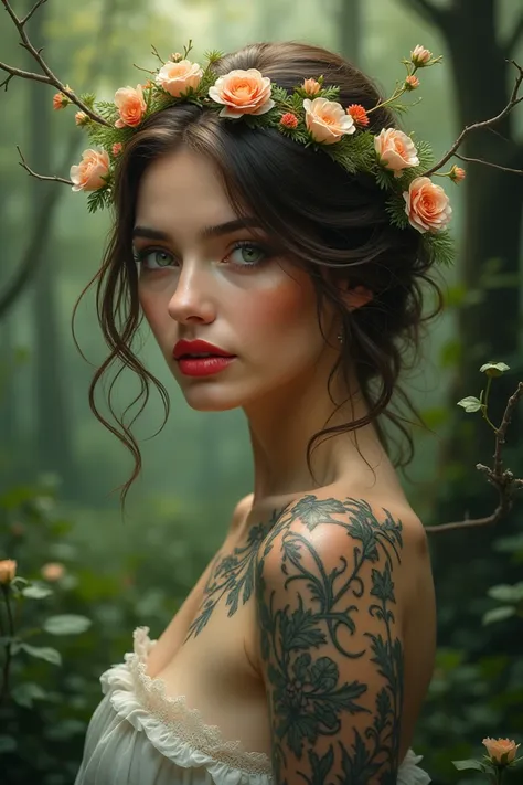 Beautiful woman with flower crown  , facing a forest,  tattoos of flowers and leaves on her skin, Red lips. 