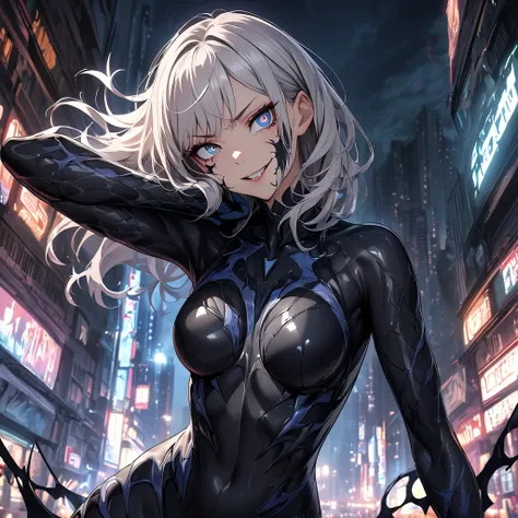 "A highly detailed digital art of a girl wearing a sleek, (black Venom-inspired suit)The suit is textured with glossy, alien-like symbiote entire body like a second skin,(Her face is partially revealed with intense eyes),while the symbiote forms sharp, org...