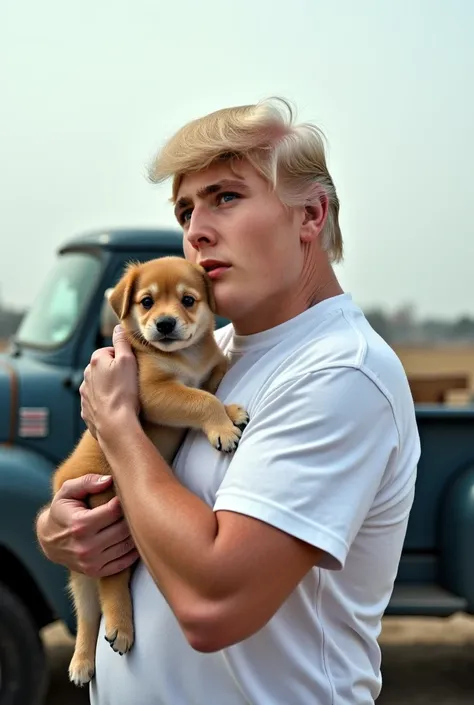  tall barron trump wearing a white t-shirt holding a small dog close to his face.  creates the truest portrait with the same facial expressions as barron trump . so the next fphias is a steamy parking lot and an old truck 