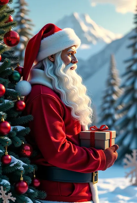 ((s vagina is a great painting, Top quality, Top quality للصورة,  heavy mountains ,  Very realistic , RAW photo,  highly detailed CG 8k desktop background)),  is a close-up of a shot in a sweater ,  Santa hat on his head. ,  is dominated by a large , ( lar...