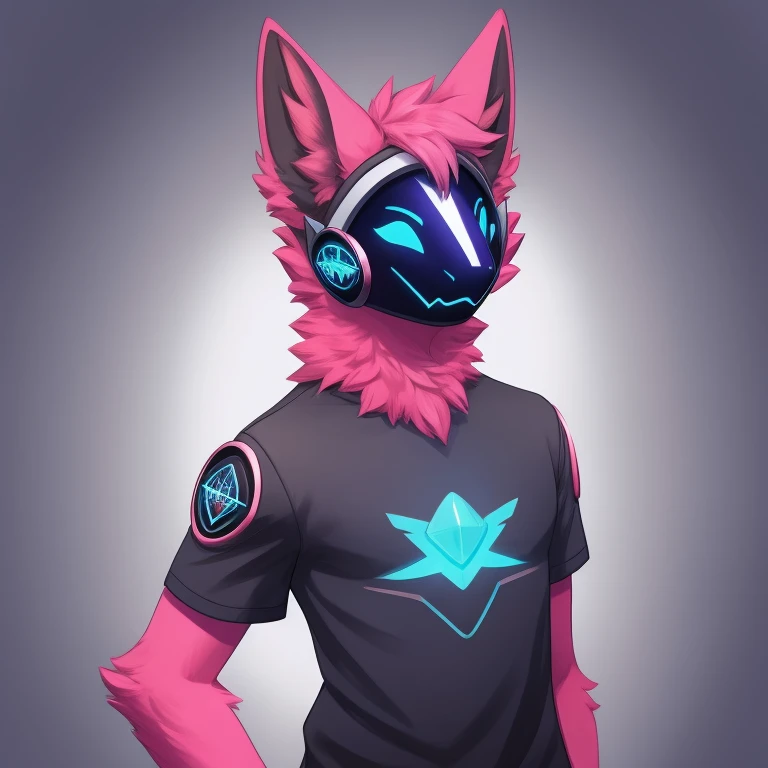 Male, Protogen, Anthromorphobic, age 24, pink fur, grey t shirt, blue jeans, high-quality, 1 person