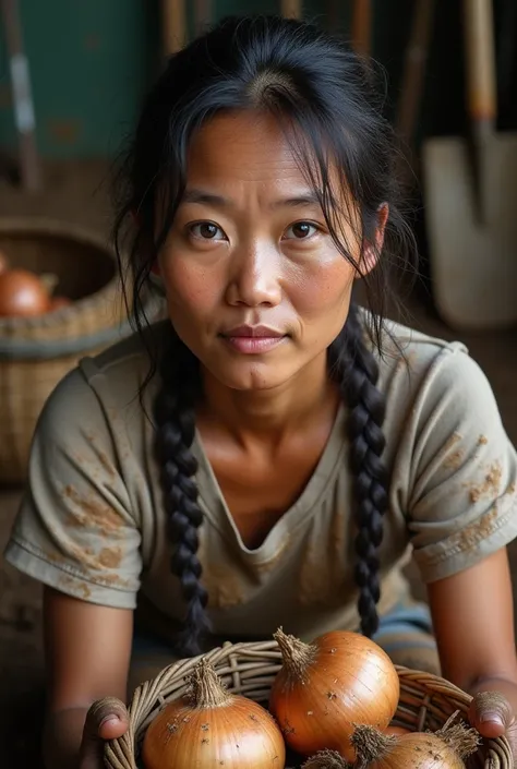  Photo of 26 year old asian onion farmer girl, dirty full of mud real  