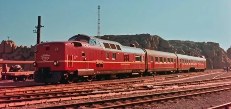 realistic, 60s style powerful locomotive travelling through an orange rocky desert, avant garde design locomotive, telegraph poles near tracks, (((very long slender thin electric locomotive))),  pantograph, catenary wires overhead, clear blue sky, (many wh...