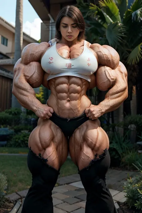 1) young girl, (full body scene in high heels), Most muscular biceps pose, (long hair:0.2), (big lips:1.4), (big muscles:1.7), (huge trapezious muscles pumped:1.5),  (top tank and large pants:1.7), (biceps flex:1.8), (small bobs:1.9), (slim and tiny:1.0), ...