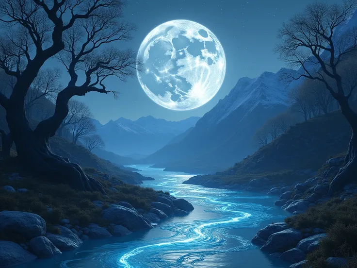 Moonlit rivers 、tree々、Mountain々、 glowing river water 、 starry sky 、 and black holes appearing in the sky、 and larger realistic full moons 