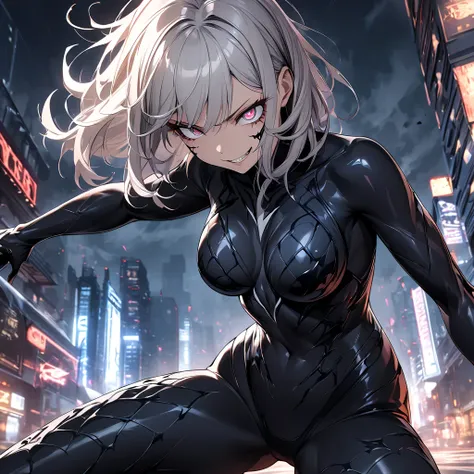 "A highly detailed digital art of a girl wearing a sleek, (black Venom-inspired suit)The suit is textured with glossy, alien-like symbiote entire body like a second skin,(Her face is partially revealed with intense eyes),while the symbiote forms sharp, org...