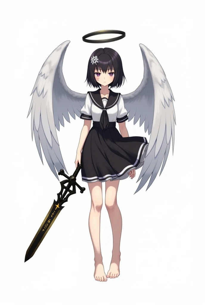 1 girl, Alone, Angel Wings, Dark Halo, short black hair, silver cross hairpin, scar in the shape of a lighting through all the face, holding a Bright Golden sacred sword, sword has runes in it, black and white clothes, expressionless, souless eyes, bare fo...