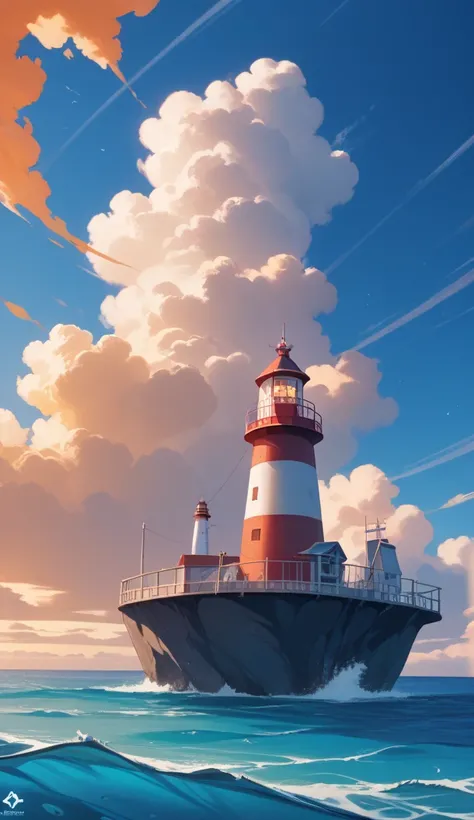 Viral anime seascape wallpaper in 4K quality, inspired by Hayao Miyazakis digital illustration style. Features a lighthouse by the seashore at dawn, with a deep blue sea and sky, and orange clouds fading into a cyan galaxy. The lighthouse stands tall in da...