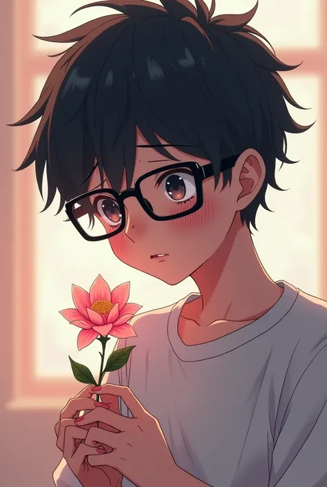 Create an anime boy with black glasses and black hair crying giving a pink flower