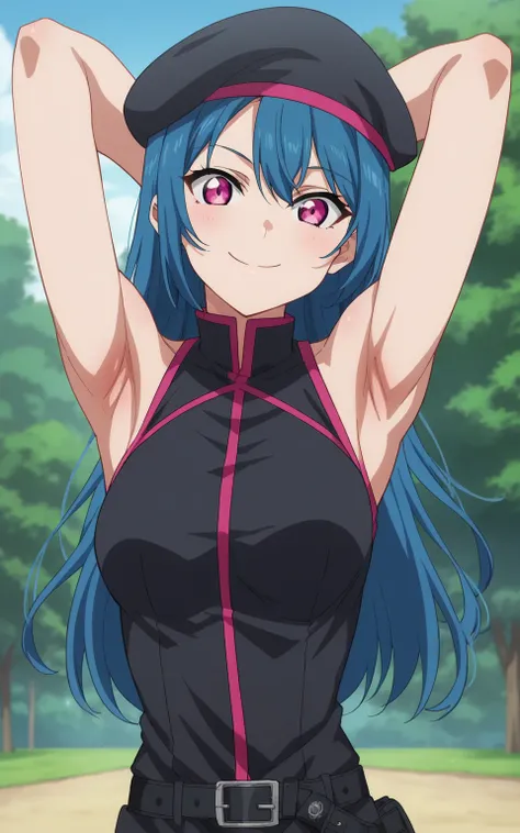 score_9, score_8_up, score_7_up, source_anime, anime screencap, 1girl, solo, Yohane, blue hair, long hair, bun hair, pink eyes, medium breasts, black beret, black uniform, black belt, sleeveless, bare shoulders, bare arms, arms behind head, armpits, lookin...