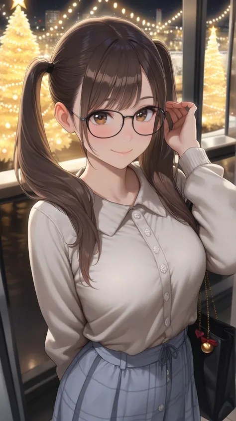 (best quality,4k,8k,highres,masterpiece:1.2),ultra-detailed,realistic, (a girl with brown hair,double pigtails,glasses), purple clothe, smile. The background features a festive cityscape at night, illuminated by sparkling Christmas lights, snowy streets, a...