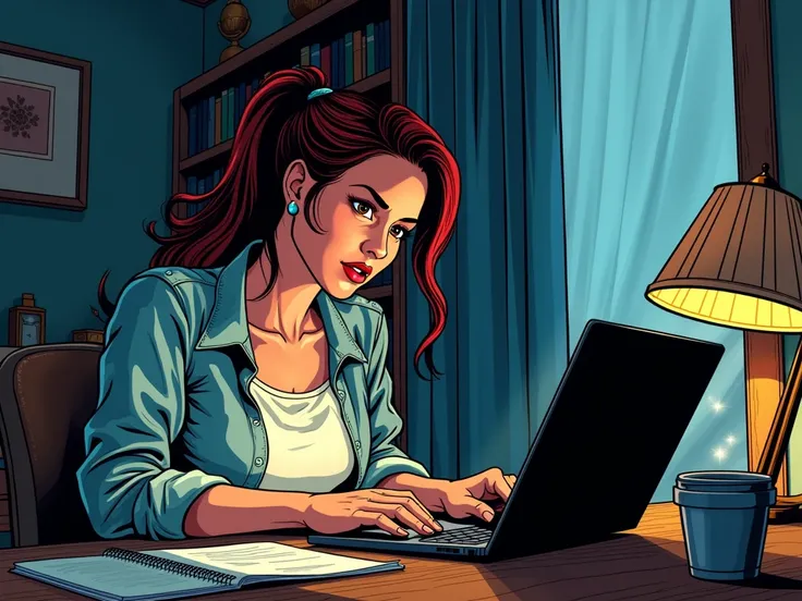 Comic book art-style of a woman at home at night concentrating on a laptop with a sales letter template on the screen.