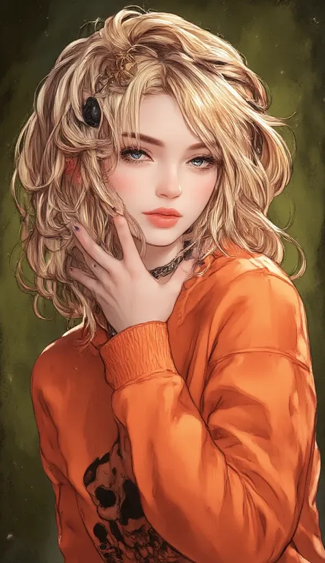  a close up of a young blonde woman with bangs ,  long false eyelashes , pink makeup,  lips painted with pink lips half-open chains like necklace ,  with an orange sweatshirt and a skull , on an olive green background ,  he carries a hand on his face nails...