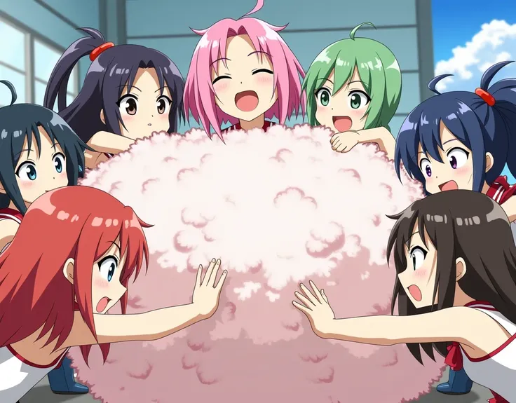 An anime-style art depicting many gals playfully wrestling with each other inside a school comical fight cloud.
each gal has different colored hair.
their faces,hands,and feet are visible emerging from the cloud as they tussle humorously,  with the rest of...