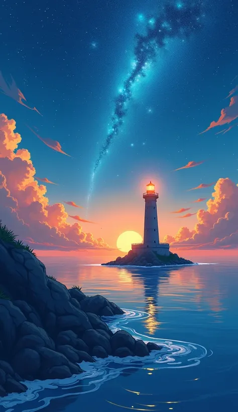 Viral anime seascape wallpaper in 4K quality, inspired by Hayao Miyazakis digital illustration style. Features a lighthouse by the seashore at dawn, with a deep blue sea and sky, and orange clouds fading into a cyan galaxy. The lighthouse stands tall in da...