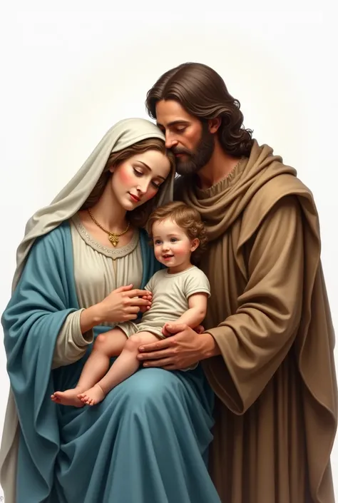  A representation of the Holy Family ,  showing Mary , Joseph e o menino Jesus,  in realistic style in a serene and welcoming scene .  Mary is portrayed with a simple dress and a light blue cloak,  her gaze is loving and protective . Joseph,  with features...