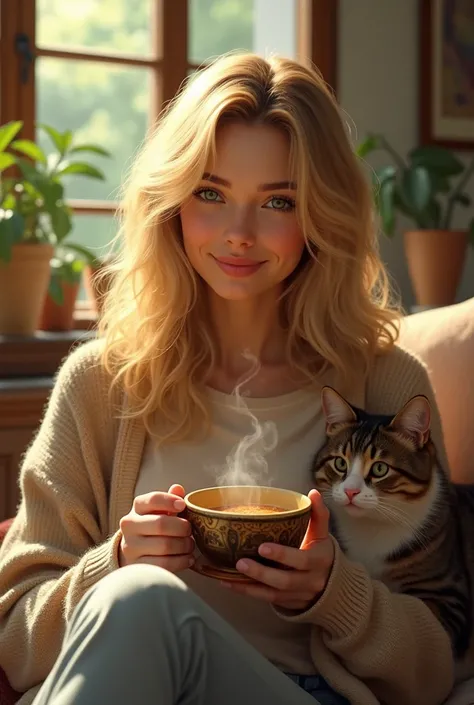 woman, blonde,  green eyes, Thirty year old age group taking chimarrão with your cat