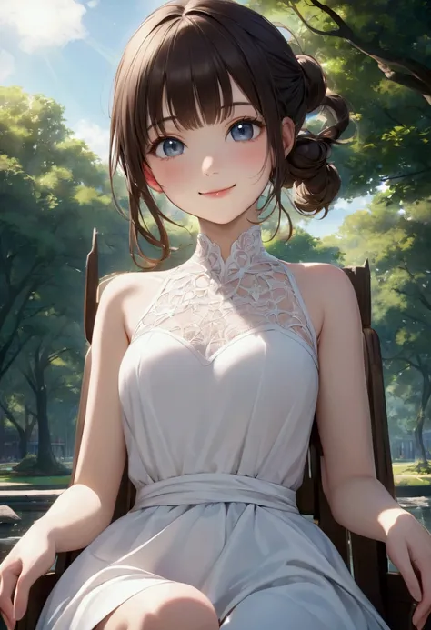 Woman sitting on a lakeside chair、 beauty、 well-prepared face、Unified Eyes、20 years old、university student、(((Im wearing a knee-length white dress)))、 is wearing white panties、 Pumps in an Urban Park 、smile、Hands in front、 Balanced Ratio 、perfect blue sky ...