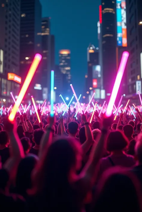 A crowd in the city center is holding a rally with luminous sticks. 