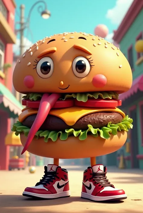  animated hamburger with a long tongue and two eyes, with Jordan 1 red sneakers .