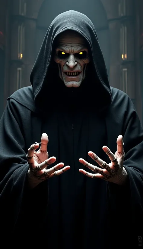 "Create a dark and menacing portrait of Emperor Palpatine, the sinister Sith Lord from the Star Wars universe. Depict him cloaked in a deep black hooded robe, partially shadowing his pale, wrinkled face and piercing yellow eyes that radiate malevolence. Hi...