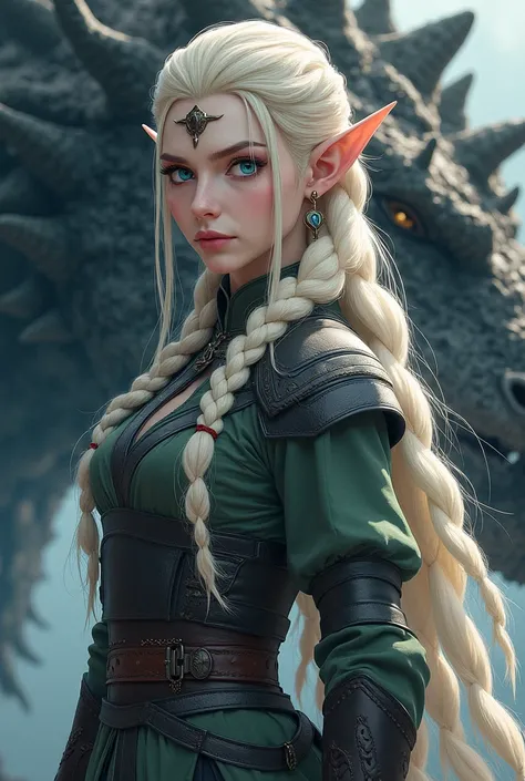  pale-skinned woman , long-haired and blond , Nordic, Viking hairstyle, viking warrior, he would be,  pink lips ,  blue eyes, elf ears,  with an imposing and ferocious dragon, Anime 2.0, realistic 