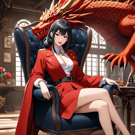 A woman in a red coat is sitting on a chair with a dragon, ArtStation Popular on Pixiv,  Detailed Anime Art work, detailed digital anime art, Complex and gorgeous anime CGI style, Guvez on pixiv art station, Guvez on pixiv,  Anime Fantasy Illustrations ,  ...