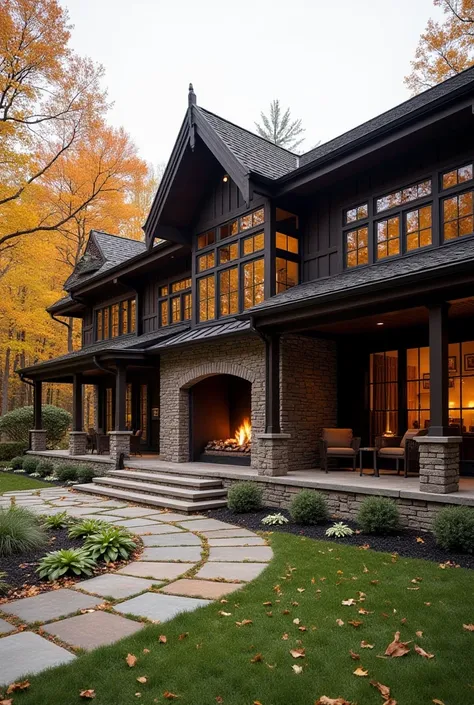 The house was a beautiful blend of traditional and modern architecture, with a wrap-around porch and large windows that overlooked the sprawling backyard. The building was a mix of dark wood and stone, with a large fireplace dominating the entrance. It exu...