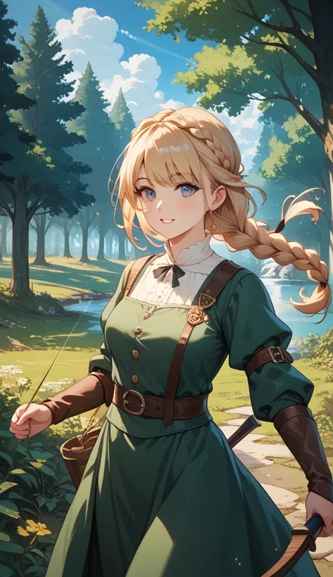  An archer stylized in 2D anime ,  positioned in a clearing illuminated by moonlight .  She wears a dark green leather suit with golden details ,  inspired by a medieval style , adjusted for mobility .  Her long, braided hair rocks with the wind ,  and her...