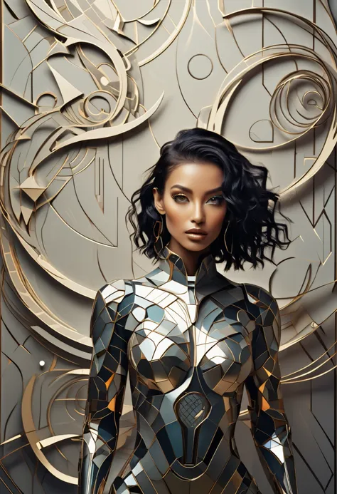 a futuristic, high-tech cyborg woman with intricate metallic patterns and glowing optics, set against a textured backdrop, in a style reminiscent of cubist masters like Picasso and Dali.