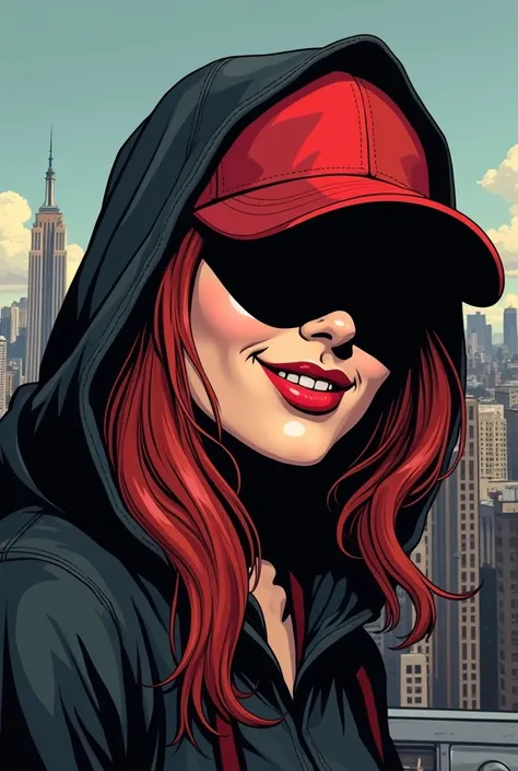 REALISTIC ILLUSTRATION OF HIGH GRAPHICS MODERN COMIC STYLE  , Shadow covering his face, Smile of a woman with red hair in the shadows, red cap and dark gray hood , On the roof in the background the city of New York 