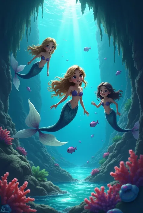 Adorable Mermaid and her two friends in an underwater cave ,  braving sea creatures to find glowing coral