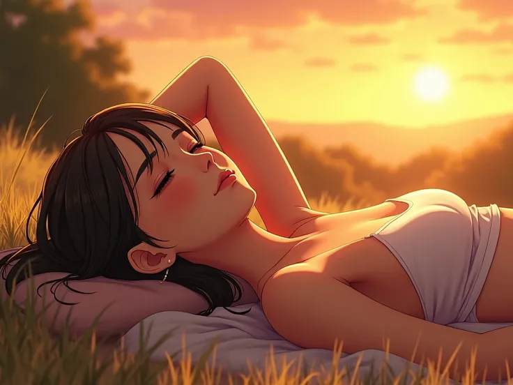  girl brunette hands behind head body sweaty dropping lying outside in the sunset light