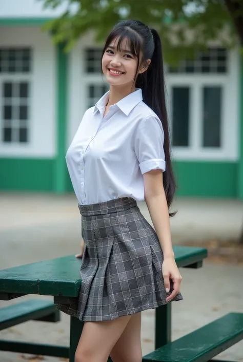 Real photos High-quality Realistic of thai woman, Beautiful girl (((large breast , big breast , nsfw))) , Best Quality, 20 years old thai girl in a school uniform astanding near a green metal table,  She is wearing a white shirt(((large breast , big breast...