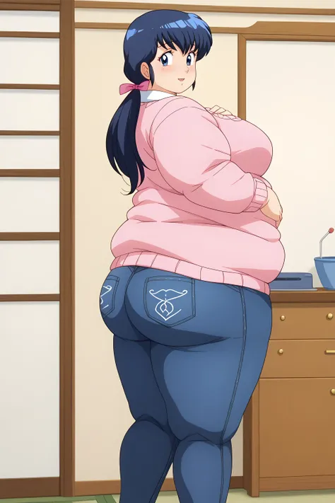 Otonashi Kyoko, Kyoko Otonashi　Maison Ikkoku,  long hair, 紺色の髪,low ponytail, pink barrette ribbon, Dark blue eyes,  pink sweater , Blue jeans,,  shirt with white collar , (Japanese-style room),milf,  score_9, score_8_ up、 score_7_ up、 score_6_ up、 score_5_...