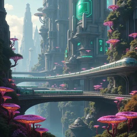  Futuristic City 、 neon lights and trains passing by ,  concept art ：Jason Benjamin,  shutterstock ,   Maximalism  , Fantasy sci-fi city,  CYBERMUSHROOM CITY , Ultra Future City, an  Alien City scape, Alien Future City,  colorful dystopian futurism, futuri...