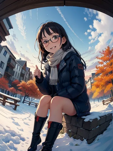 masterpiece，top quality， high image quality，( super flat ， flat shading  )，Glasses， beautiful dark hair， fisheye lens，Cute petite young mother who has been trained as a sow and her cute little training daughter:1.25， warm scarf ， Down Jacket，(naked)， long ...