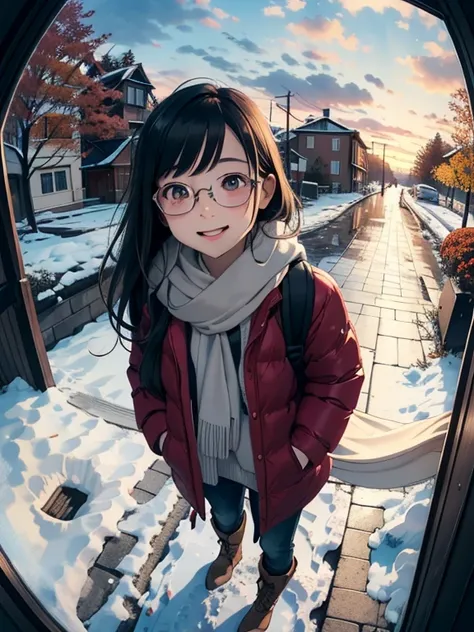 masterpiece，top quality， high image quality，( super flat ， flat shading  )，Glasses， beautiful dark hair， fisheye lens，Cute petite young mother who has been trained as a sow and her cute little training daughter:1.25， warm scarf ， Down Jacket，(naked)， long ...