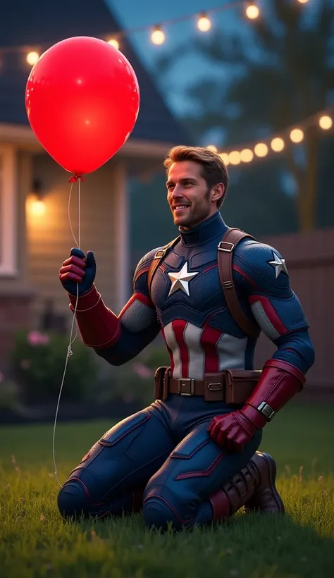 Create a detailed digital artwork of a superhero resembling Captain America kneeling on one knee in a confident and heroic pose, holding a bright red balloon with both hands. He is wearing a navy blue, red, and white armored suit with a star emblem on his ...