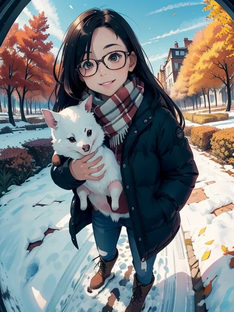 masterpiece，top quality， high image quality，( super flat ， flat shading  )，Glasses， beautiful dark hair， fisheye lens，Cute petite young mother who has been trained as a sow and her cute little training daughter:1.25， warm scarf ， Down Jacket，(naked)， long ...