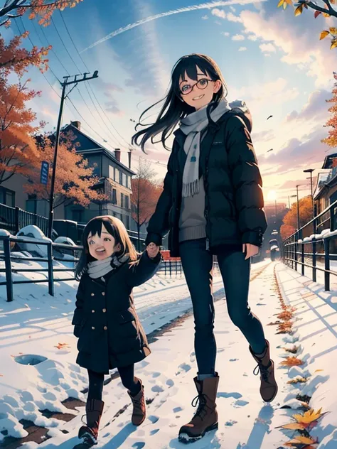 masterpiece，top quality， high image quality，( super flat ， flat shading  )，Glasses， beautiful dark hair， fisheye lens，Cute petite young mother who has been trained as a sow and her cute little training daughter:1.25， warm scarf ， Down Jacket，(naked)， long ...