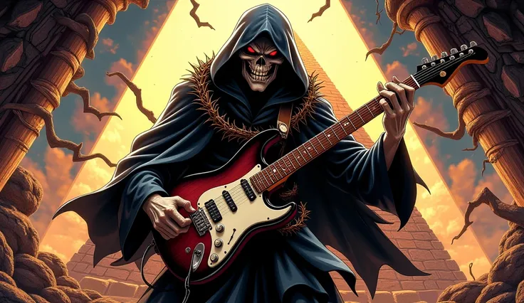  Japanese manga about a Grim Reaper , who jumps and plays an electric guitar ,  with an angry face and a chain of thorns around his neck ,  with fisheye camera angle in the drawing style of Tite Kubo, pyramid background