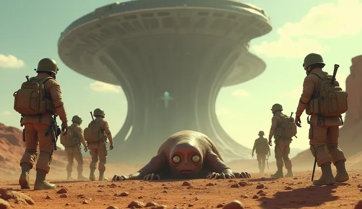 Soldiers find a stubborn alien with giant eyes lying on the ground and above them a gigantic alien ship on a sunny day