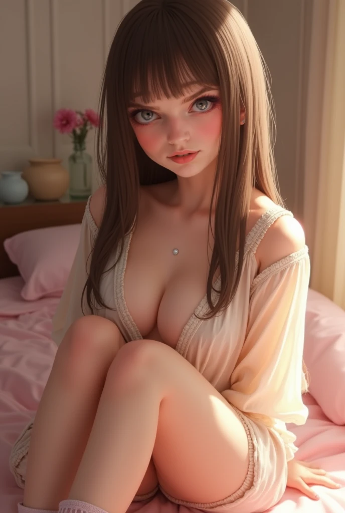 young woman, pretty and shy, realistic, light smile, straight brown hair, blue eyes, pale skin, big bust size, fine waist, wearing a sexy long blouse and girly socks, in the background a cute female area