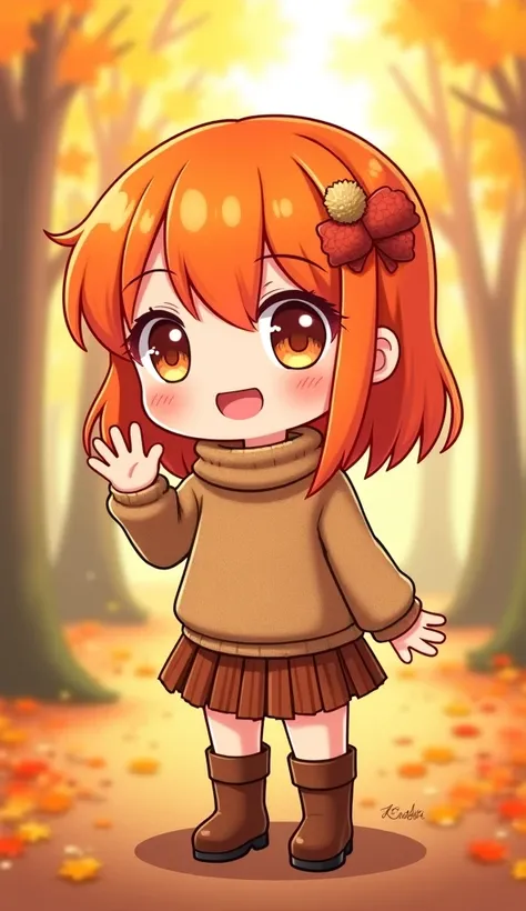 masterpiece,best quality,1girl,solo,cute,wide-eyed,chibi,,orange hair,waving right hand,facing left
(Cozy_knit_sweater:1.5),(Corduroy_skirt:1.4),(Knee-high_boots:1.3),(Autumn_forest_background:1.4),