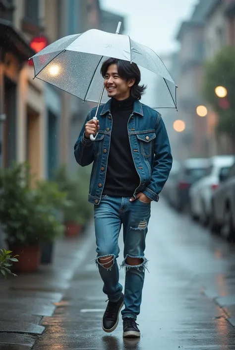  A handsome Korean man with long hair smiles,  holding a transparent umbrella ,  wearing a Turtleneck and denim jacket ,  ripped denim pants sneaker ,  walking in suburban europe , Heavy rain, bubble effect , bokeh, hdr.