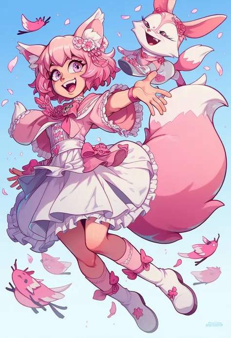 1menina, small, sobrancelhas grossas smalls, series, smooth pink hair , pink fox ears,  pink fox tail ,  clothes pink, pink blouse, White skirt, Pink socks, white boots, dams