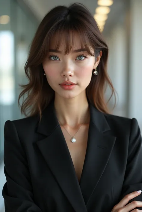 woman　Brown Hair（Chestnut）Gray Eye　Semi-long bangs　 business suit 