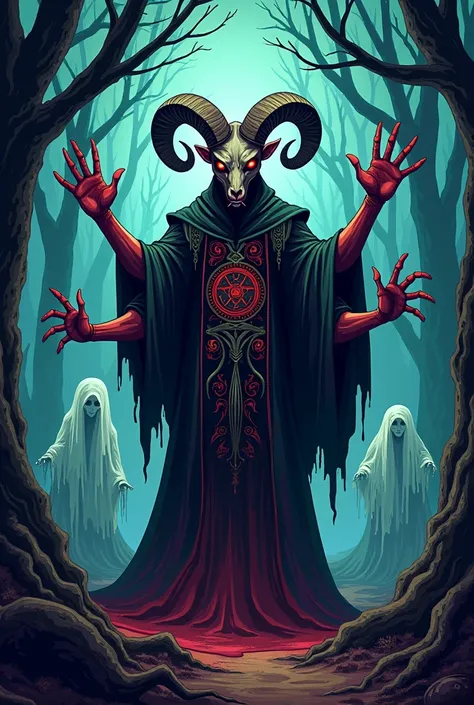 Gore illustration of a warlock wearing a ram mask with multiple arms stretching them out like an octopus in a forest with ghosts in cartoon style