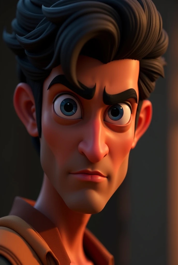 in cinematic 3d cartoon style"A close-up of Raj’s face, showing his resolve and deep thought as he plans their next move to rebuild the house."